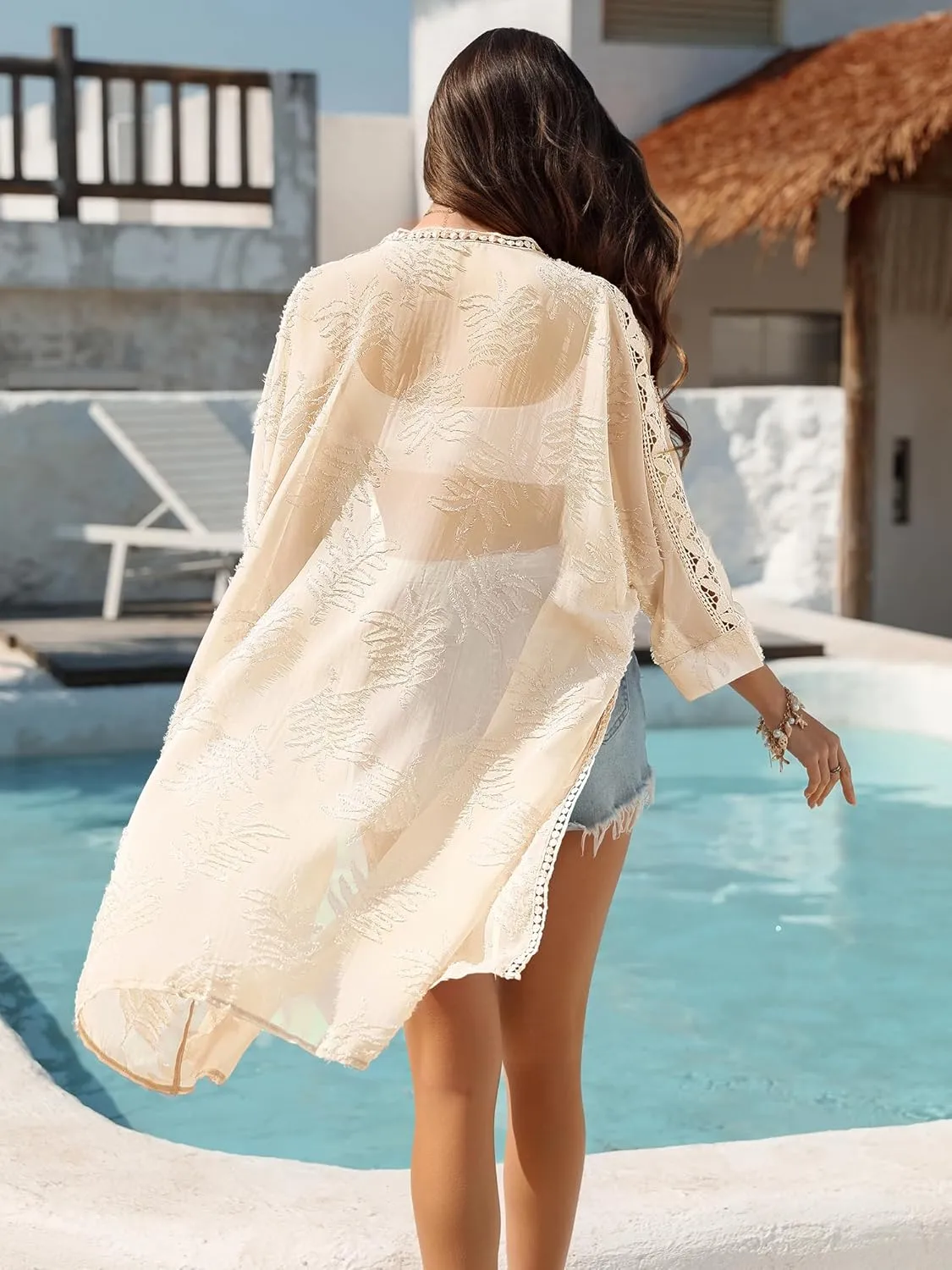 BB&KK Kimonos for Women Long Beach Cover Ups Summer Swimwear Sheer Boho Embroidery Open Front Floral Midi