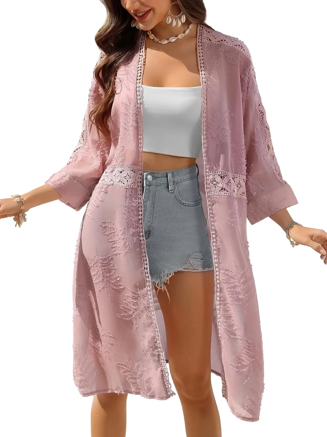 BB&KK Kimonos for Women Long Beach Cover Ups Summer Swimwear Sheer Boho Embroidery Open Front Floral Midi