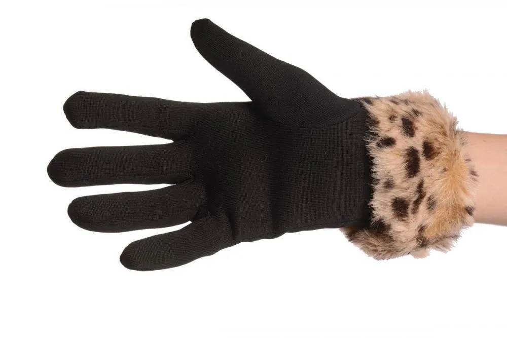 Black With Leopard Faux Fur Gloves