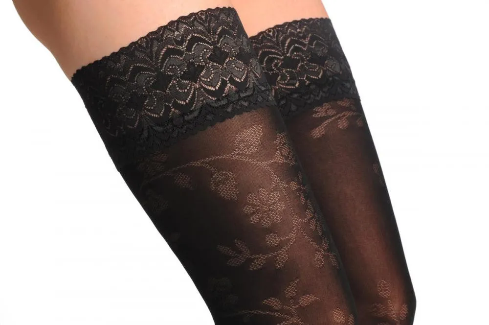 Black With Semi Transparent Roses on Top & Floral Silicon Lace Top
