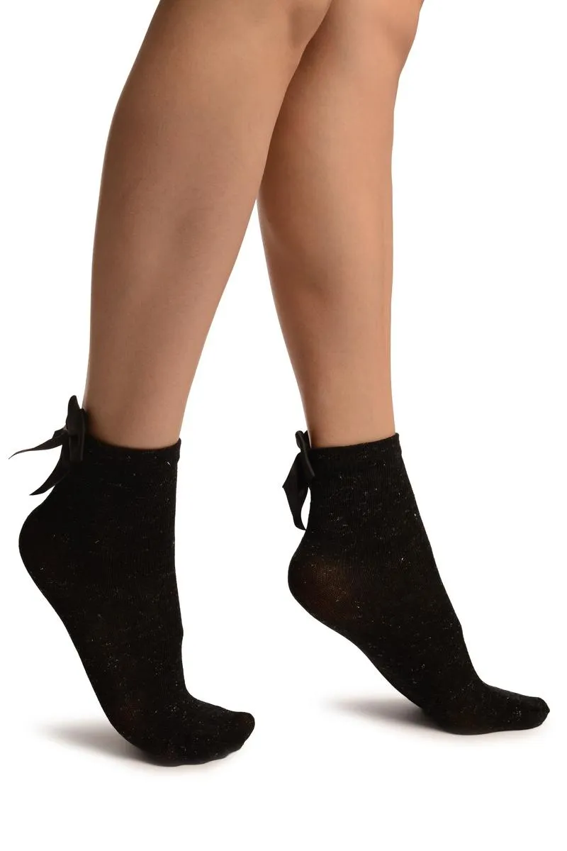 Black With Silver Lurex And Black Bow Ankle High Socks