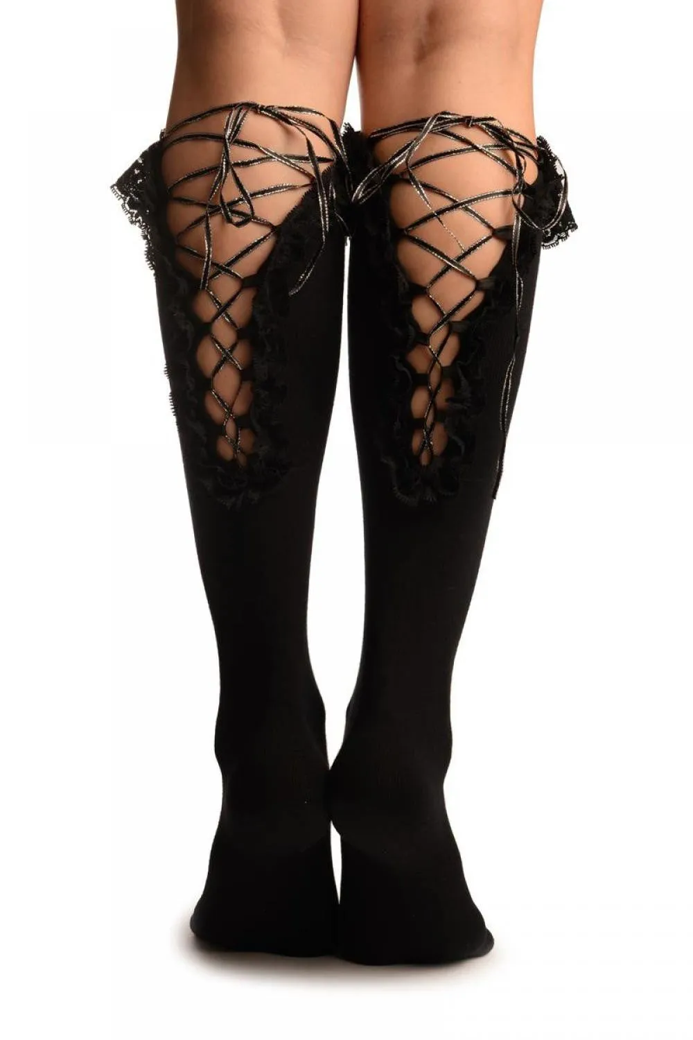 Black With Silver Ribbon Lace Up & Lace Top Knee High Socks