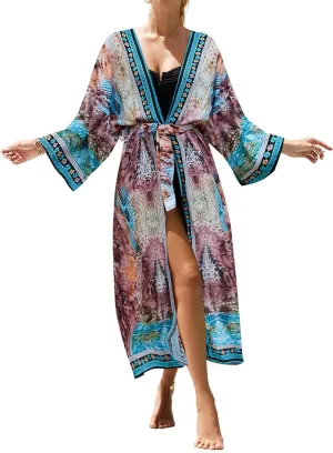 Bsubseach Kimono Swimsuit Cover Ups for Women Robe Pool Cover Up Long Beach Dress Colorful Cardigan for Swimwear