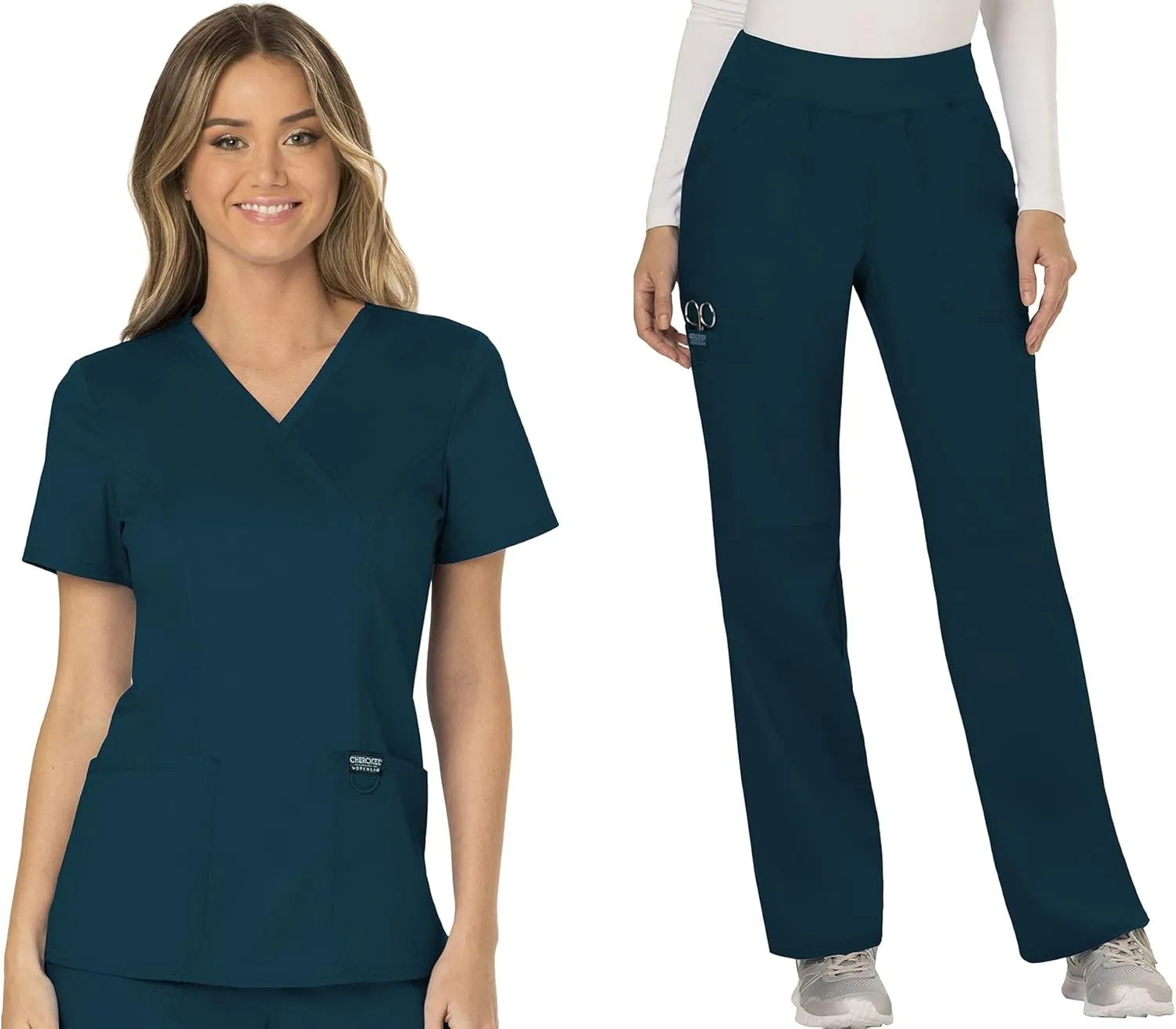 Cherokee Scrub Set For Women, Modern Classic Fit Mock Wrap Top WW610 With Mid Rise, Straight Leg Pant WW110, Caribbean Blue- 2XL Top/XL Petite Pant