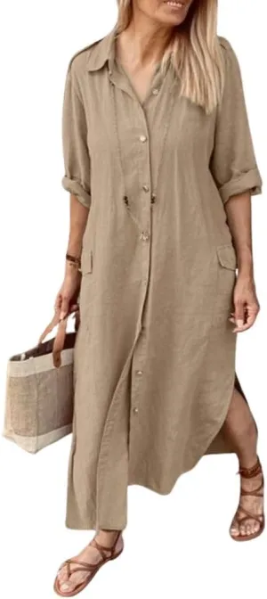 chouyatou Women's Cotton Linen Button Down Maxi Shirt Dress Long Sleeve Button Up Long Tunic Dress with Pockets