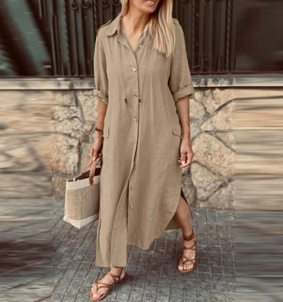 chouyatou Women's Cotton Linen Button Down Maxi Shirt Dress Long Sleeve Button Up Long Tunic Dress with Pockets