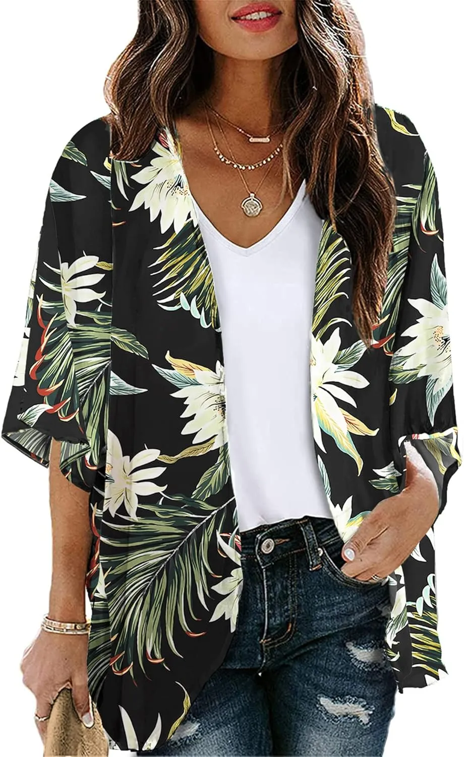 Chunoy Women Summer Open Front Lightweight Chiffon Kimono Cardigan Short Sleeve Beach Wear Cover Up Blouse Top Large