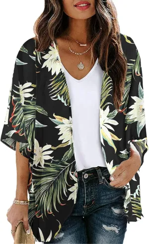 Chunoy Women Summer Open Front Lightweight Chiffon Kimono Cardigan Short Sleeve Beach Wear Cover Up Blouse Top Large
