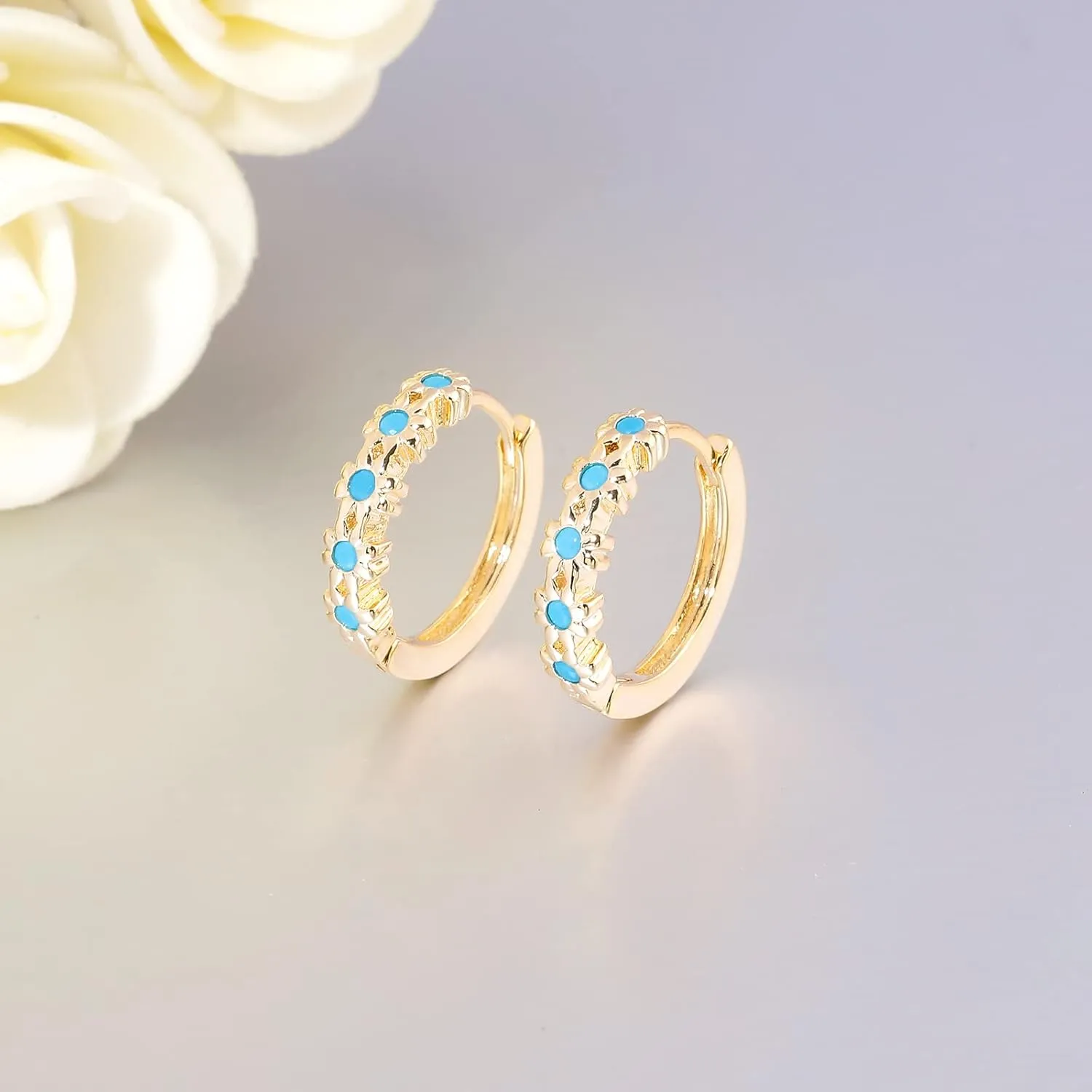 CiNily Small Hoop Earrings for Women Girls Flower Cubic Zirconia Huggie Earrings Hypoallergenic 14K Yellow Gold Plated Cartilage Earrings