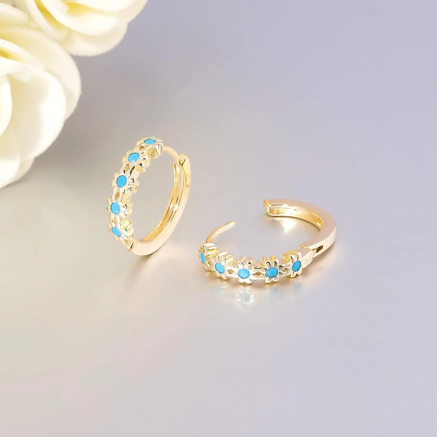 CiNily Small Hoop Earrings for Women Girls Flower Cubic Zirconia Huggie Earrings Hypoallergenic 14K Yellow Gold Plated Cartilage Earrings
