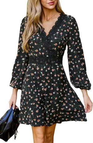 CUPSHE Casual Dresses for Women Lace V Neck Long Sleeve Floral Smocked A Line Mini Fall Dress