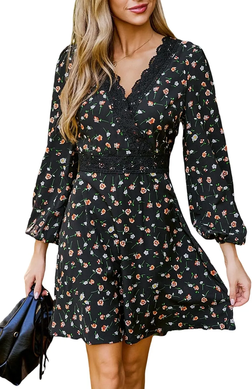 CUPSHE Casual Dresses for Women Lace V Neck Long Sleeve Floral Smocked A Line Mini Fall Dress