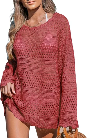 CUPSHE Women's Swimsuit Cover Up Crochet Bathing Suit Mesh Swimwear Knit Pullover Beach Dress