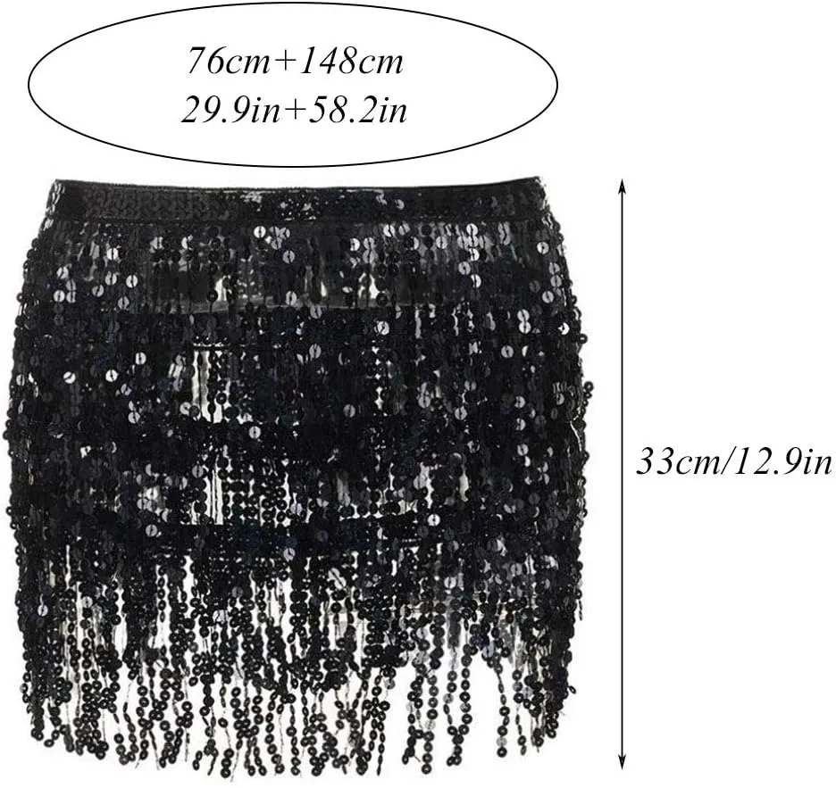DRESBE Fringe Sequin Belly Dance Skirt Rave Festival Outfits for Women