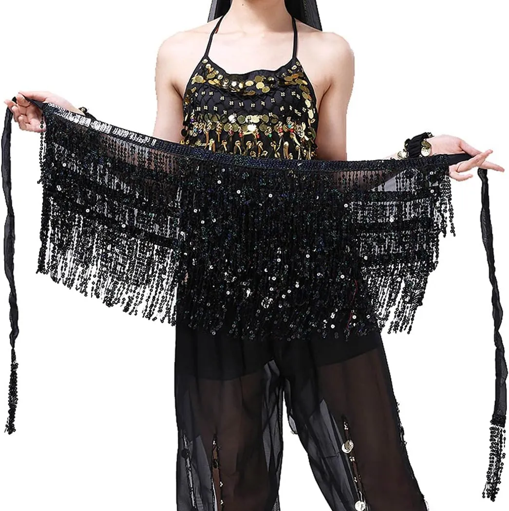 DRESBE Fringe Sequin Belly Dance Skirt Rave Festival Outfits for Women