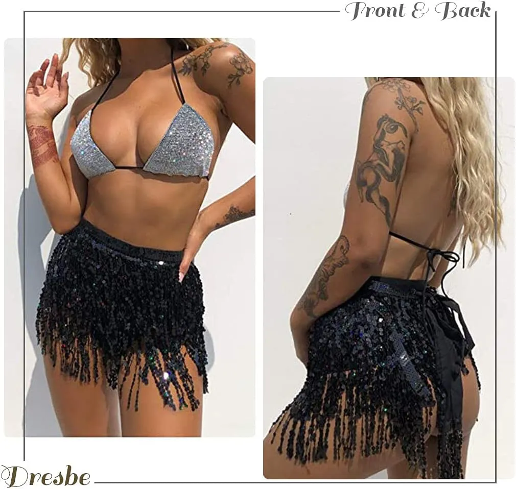 DRESBE Fringe Sequin Belly Dance Skirt Rave Festival Outfits for Women