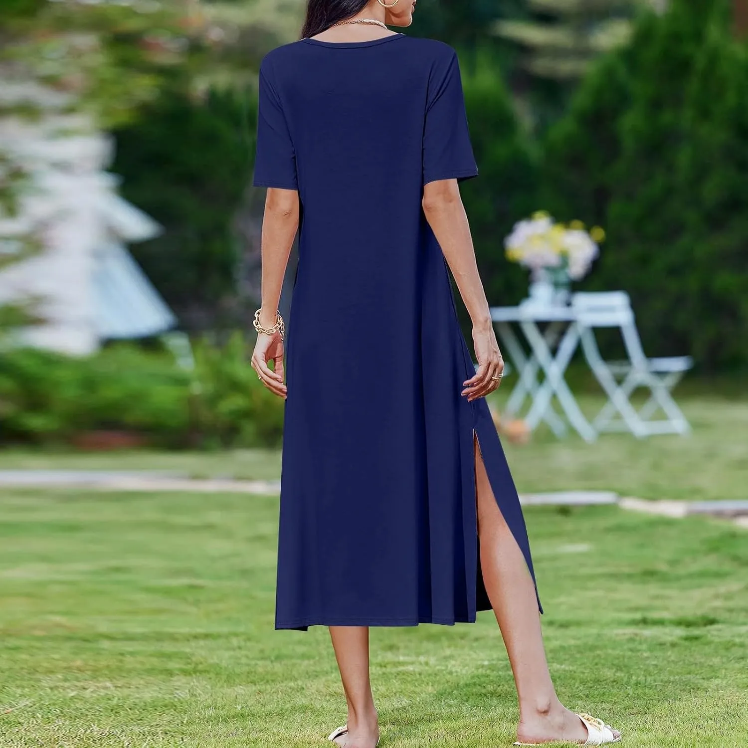 Dresses for Women 2025 Summer Beach Vacation Clothes Spring Short Sleeve Crewneck Slit Hem Maxi Dresses