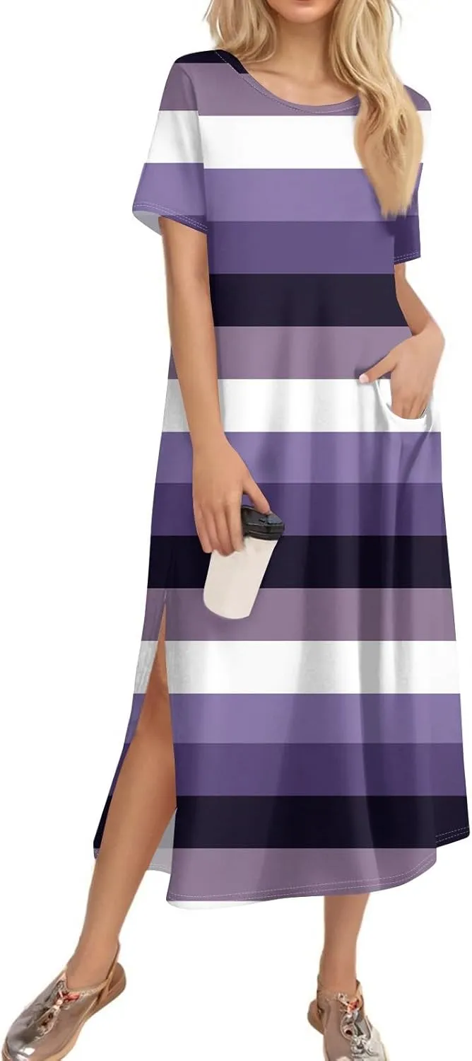 Dresses for Women 2025 Summer Beach Vacation Clothes Spring Short Sleeve Crewneck Slit Hem Maxi Dresses