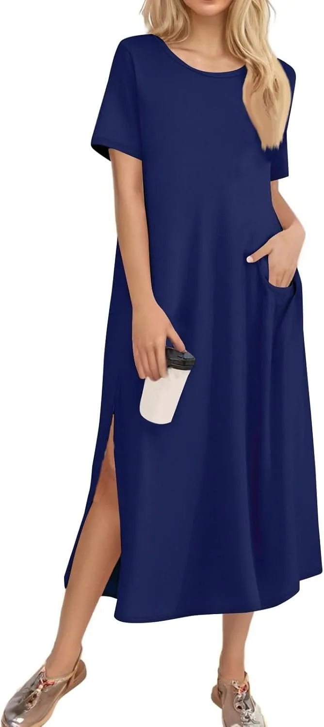 Dresses for Women 2025 Summer Beach Vacation Clothes Spring Short Sleeve Crewneck Slit Hem Maxi Dresses
