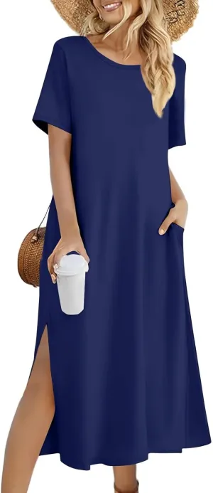 Dresses for Women 2025 Summer Beach Vacation Clothes Spring Short Sleeve Crewneck Slit Hem Maxi Dresses