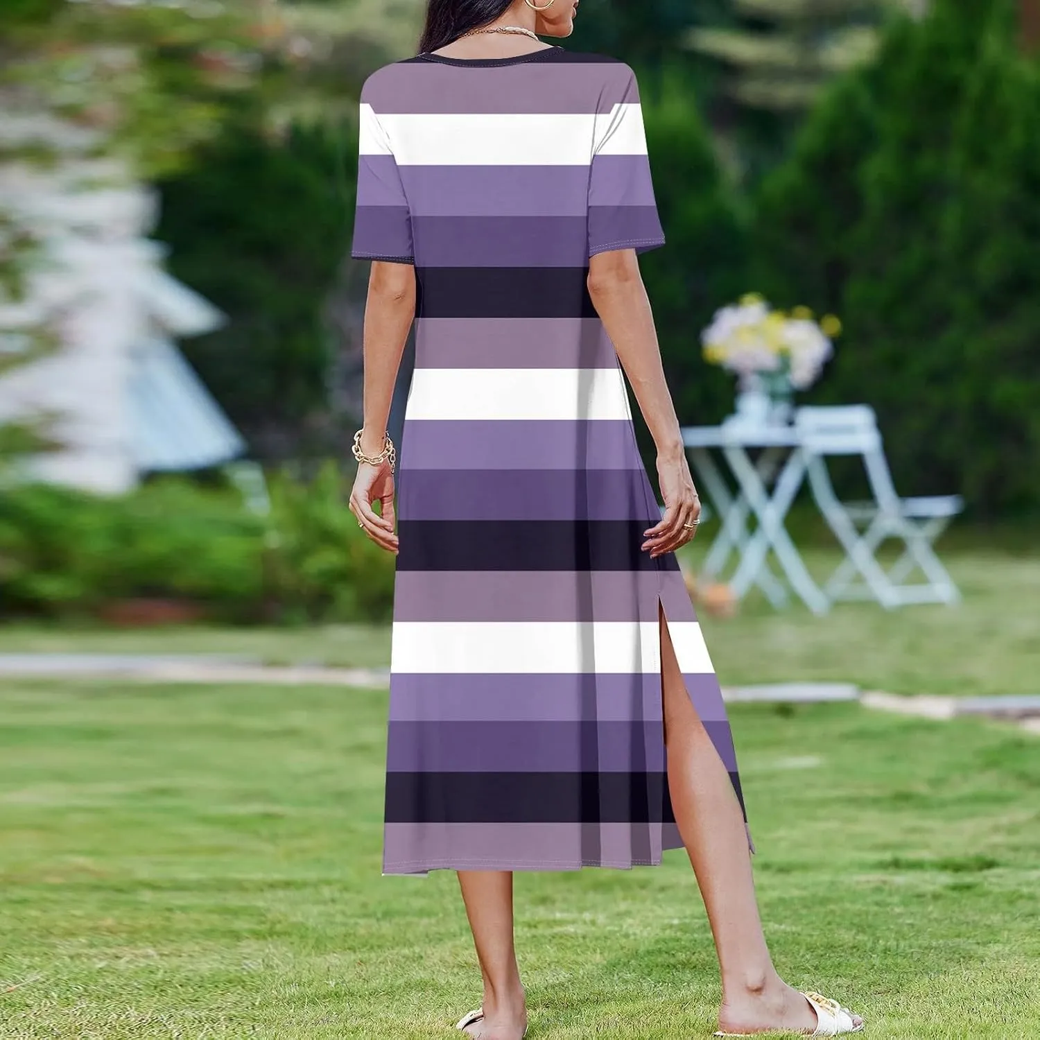 Dresses for Women 2025 Summer Beach Vacation Clothes Spring Short Sleeve Crewneck Slit Hem Maxi Dresses