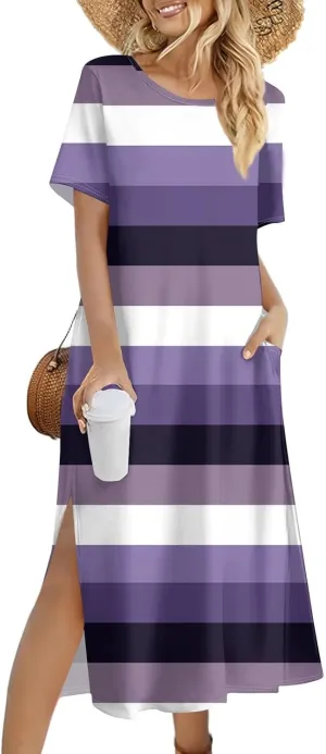 Dresses for Women 2025 Summer Beach Vacation Clothes Spring Short Sleeve Crewneck Slit Hem Maxi Dresses