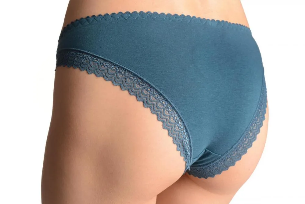 Floral Lace With Crystals & Soft Cotton Back Prussian Blue High Leg Brazilian