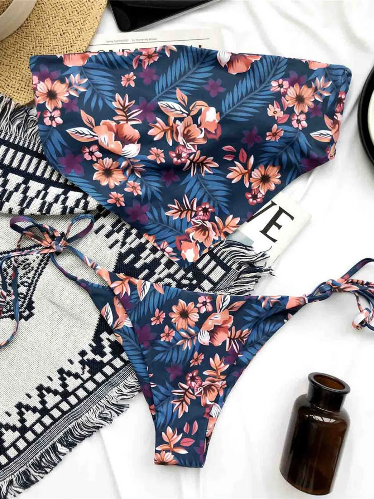 Flower Bandeau Bikini Women Swimwear Female Swimsuit Two-pieces Bikini set Strapless Brazilian Bather Bathing Suit Swim V2844