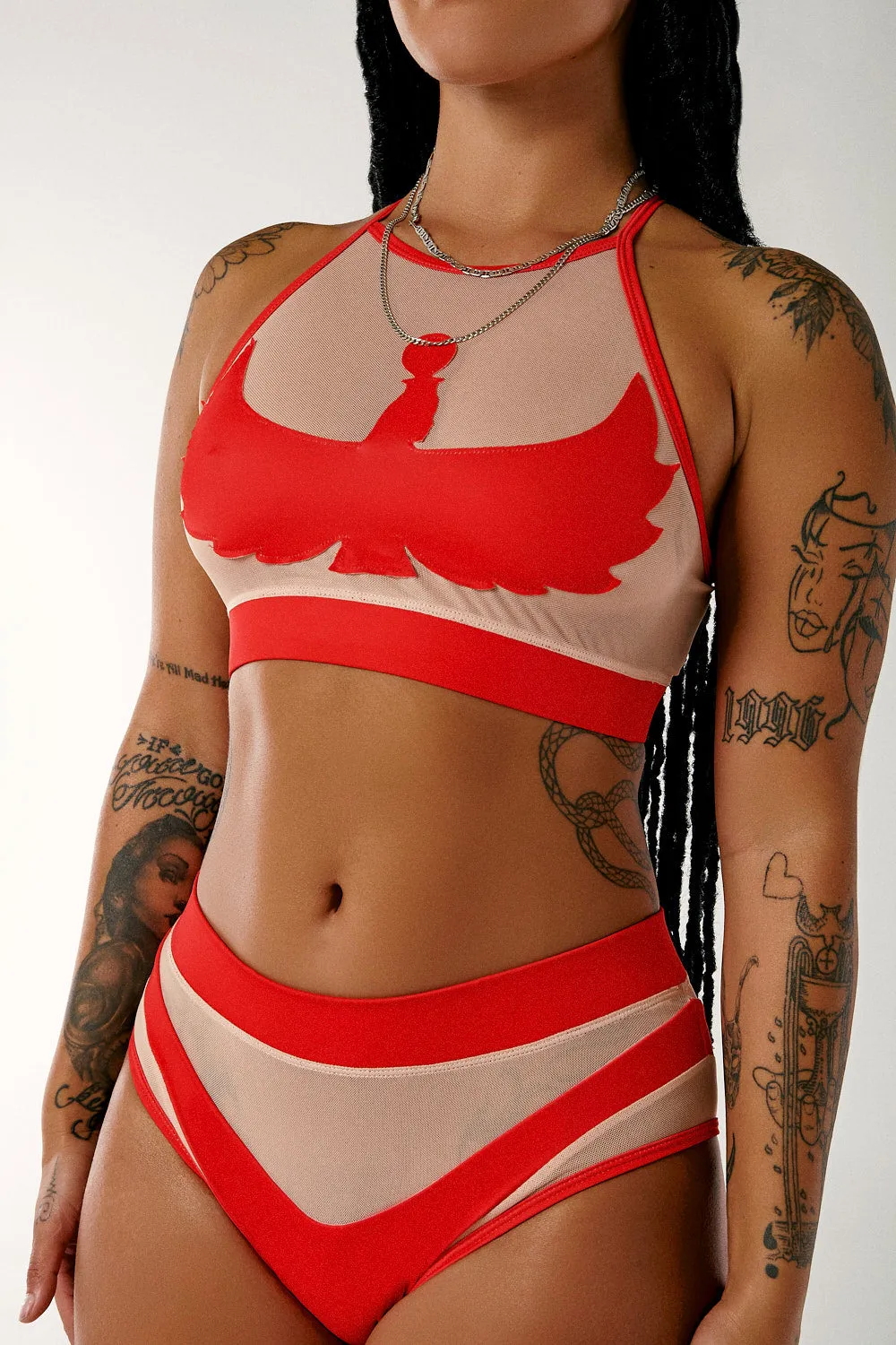 Goddess High Waisted Bottoms - Red with Sand Mesh