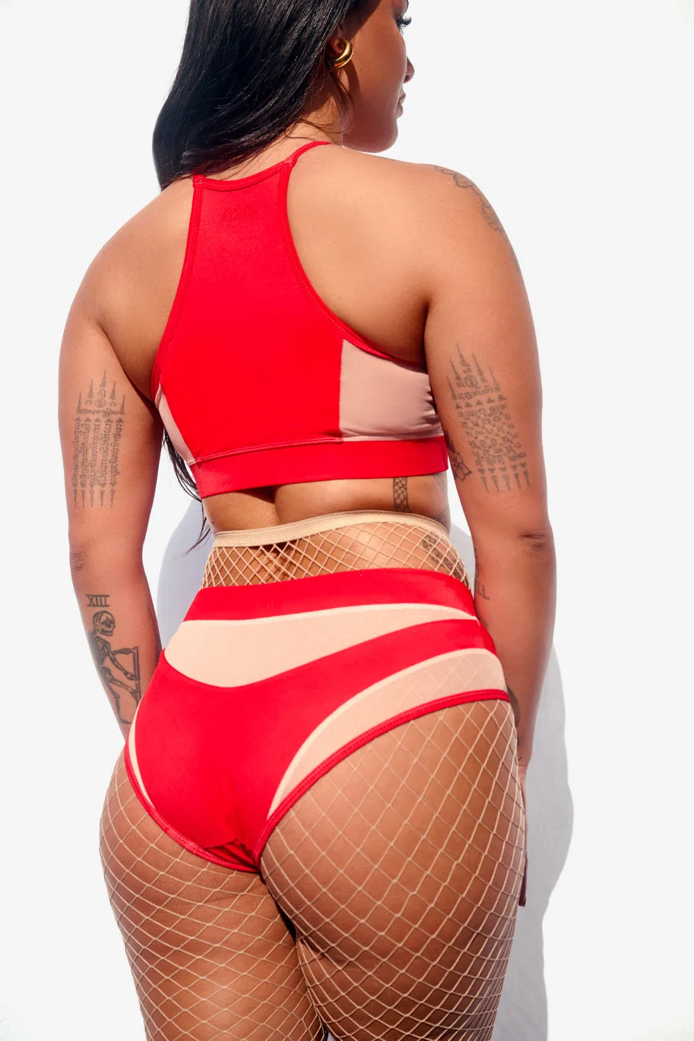Goddess High Waisted Bottoms - Red with Sand Mesh