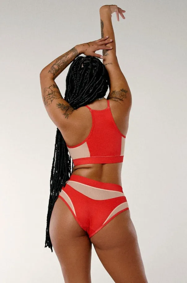 Goddess High Waisted Bottoms - Red with Sand Mesh