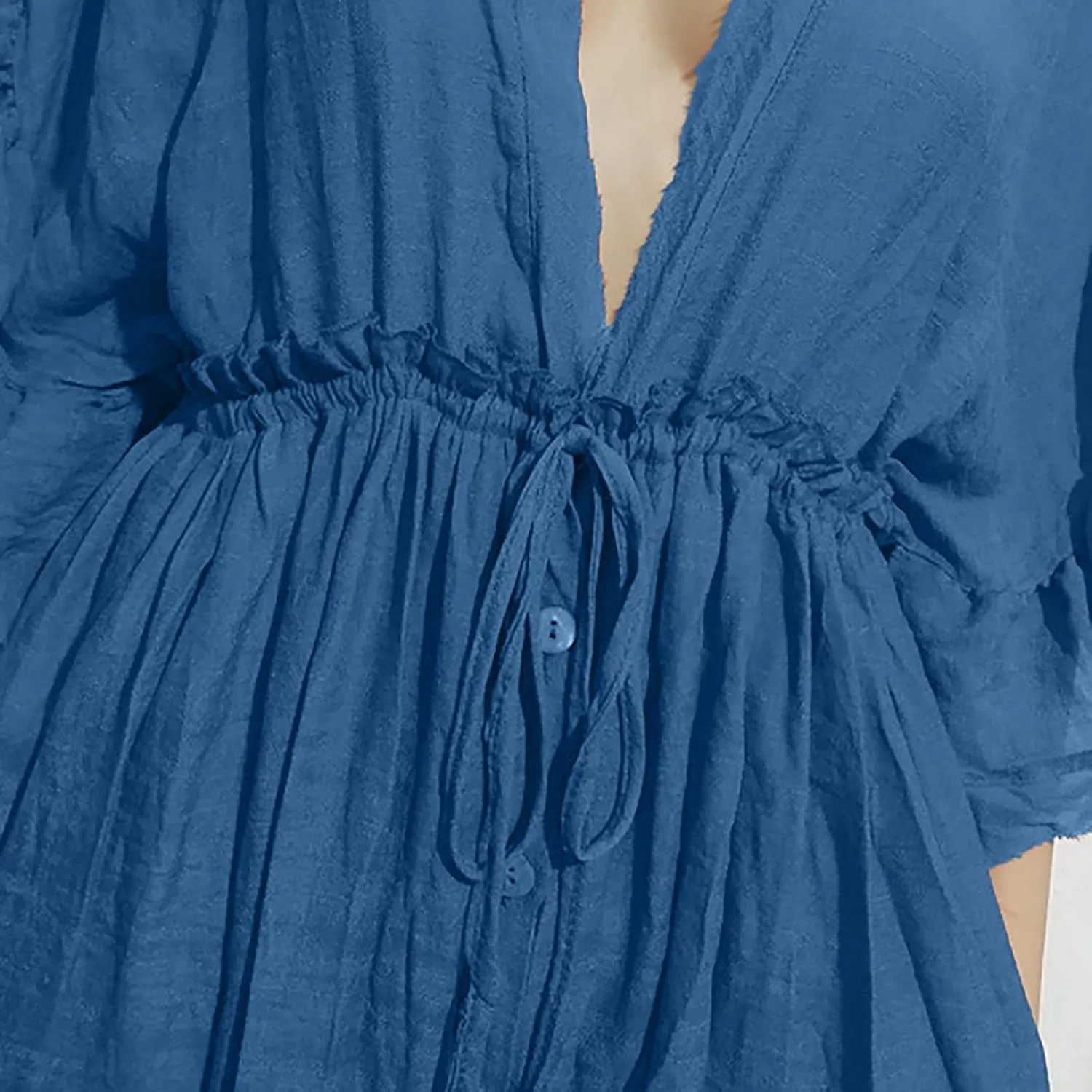 HGps8w Women's Deep V Neck Ruffle Sleeve Button Down Maxi Dresses Elastic Tie Waist Plain Beach Swimwear Coverup