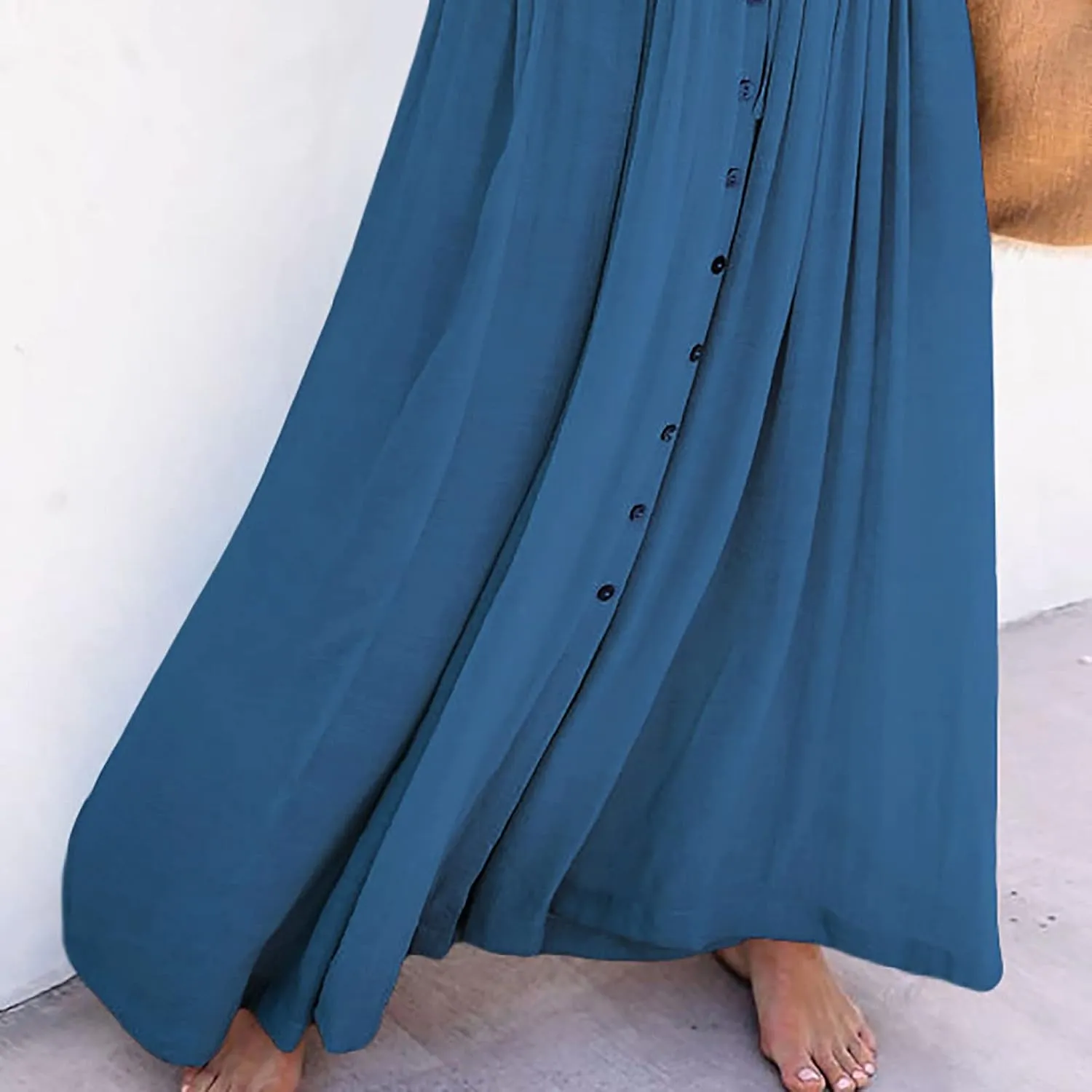 HGps8w Women's Deep V Neck Ruffle Sleeve Button Down Maxi Dresses Elastic Tie Waist Plain Beach Swimwear Coverup