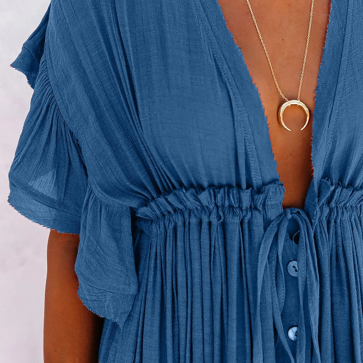 HGps8w Women's Deep V Neck Ruffle Sleeve Button Down Maxi Dresses Elastic Tie Waist Plain Beach Swimwear Coverup