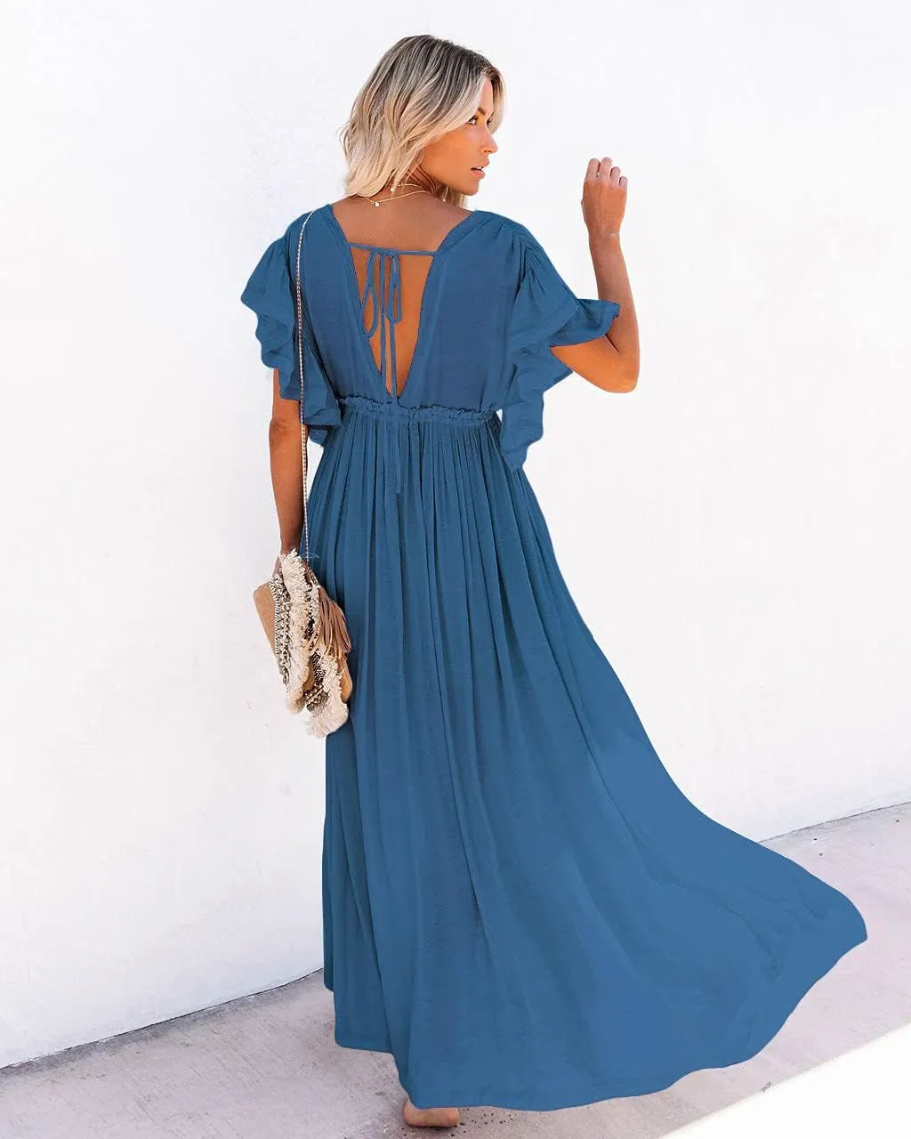 HGps8w Women's Deep V Neck Ruffle Sleeve Button Down Maxi Dresses Elastic Tie Waist Plain Beach Swimwear Coverup