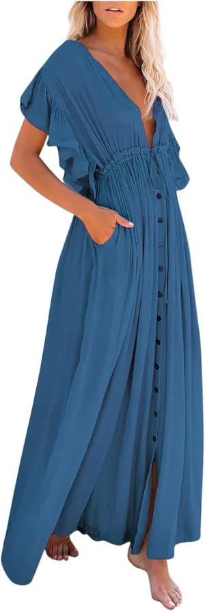 HGps8w Women's Deep V Neck Ruffle Sleeve Button Down Maxi Dresses Elastic Tie Waist Plain Beach Swimwear Coverup