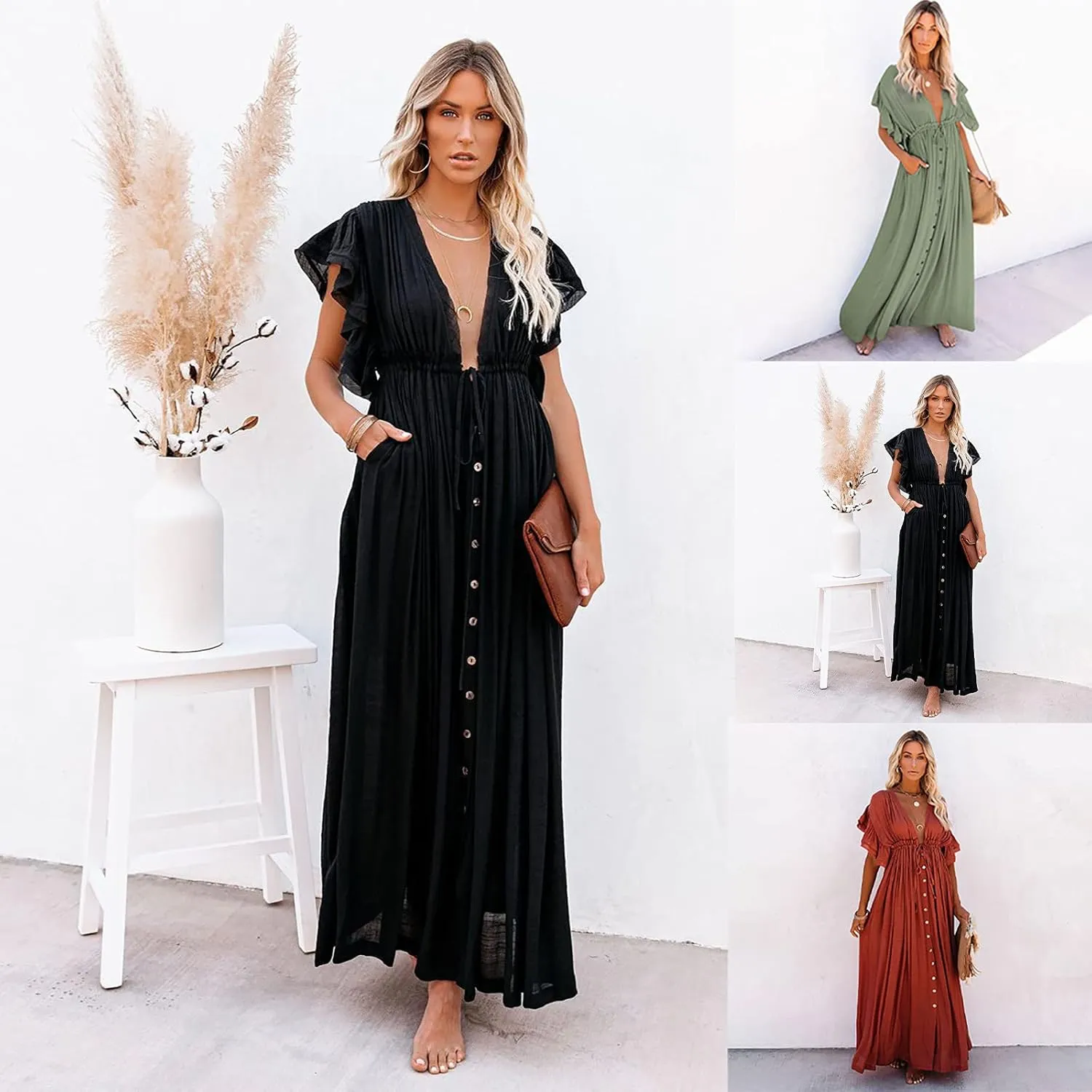 HGps8w Women's Deep V Neck Ruffle Sleeve Button Down Maxi Dresses Elastic Tie Waist Plain Beach Swimwear Coverup