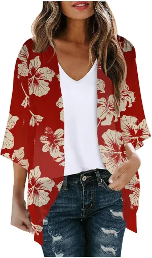 Kimono Cardigans for Women Floral Print Hawaiian Beach Cover Up Puff Sleeve Chiffon Blouse Cruise Outfits Summer Tops