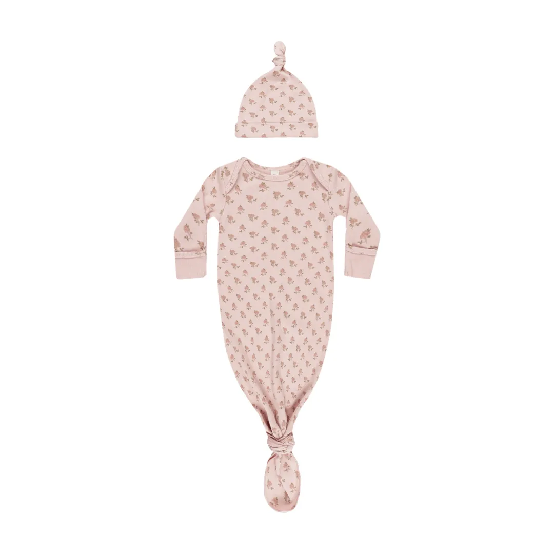 Knotted Baby Gown   Hat Set - Rose by Quincy Mae