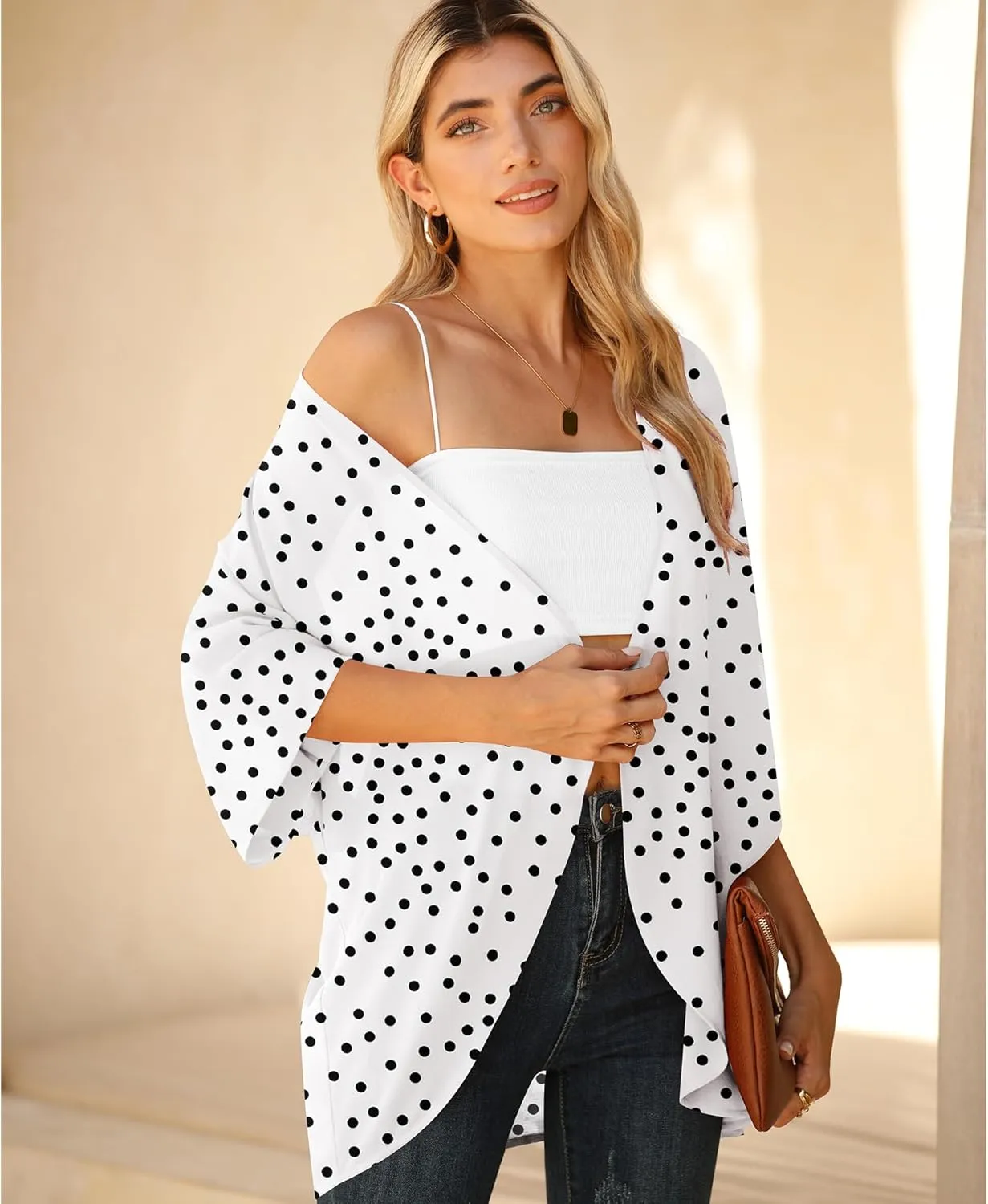LILBETTER Women Lightweight Chiffon Cardigan Puff Sleeve Loose Beach Wear Cover Up Blouse Top