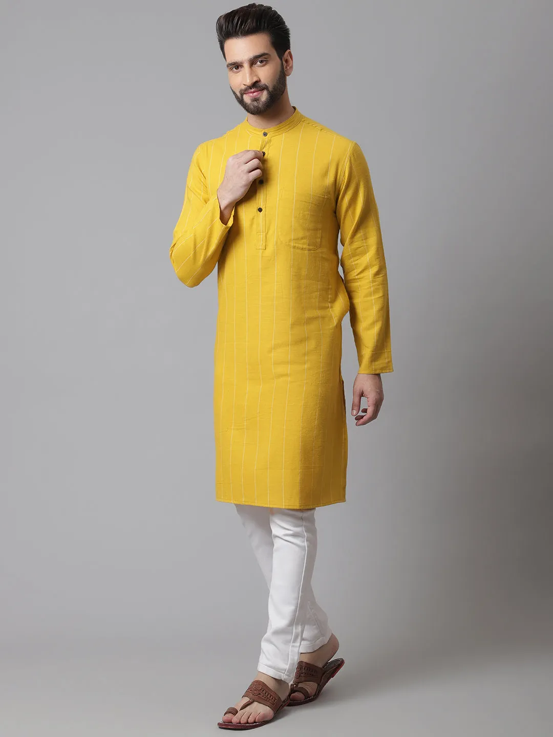 Men's Yellow Pure Cotton Kurta With Band Collar - Even Apparels