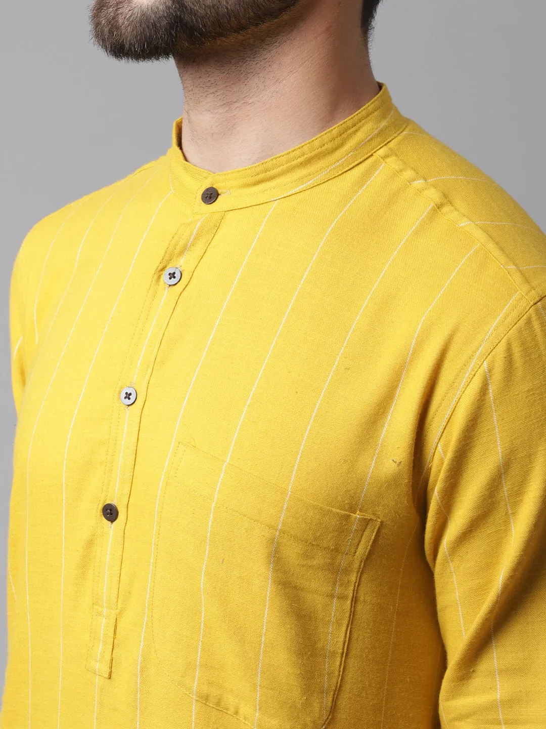 Men's Yellow Pure Cotton Kurta With Band Collar - Even Apparels