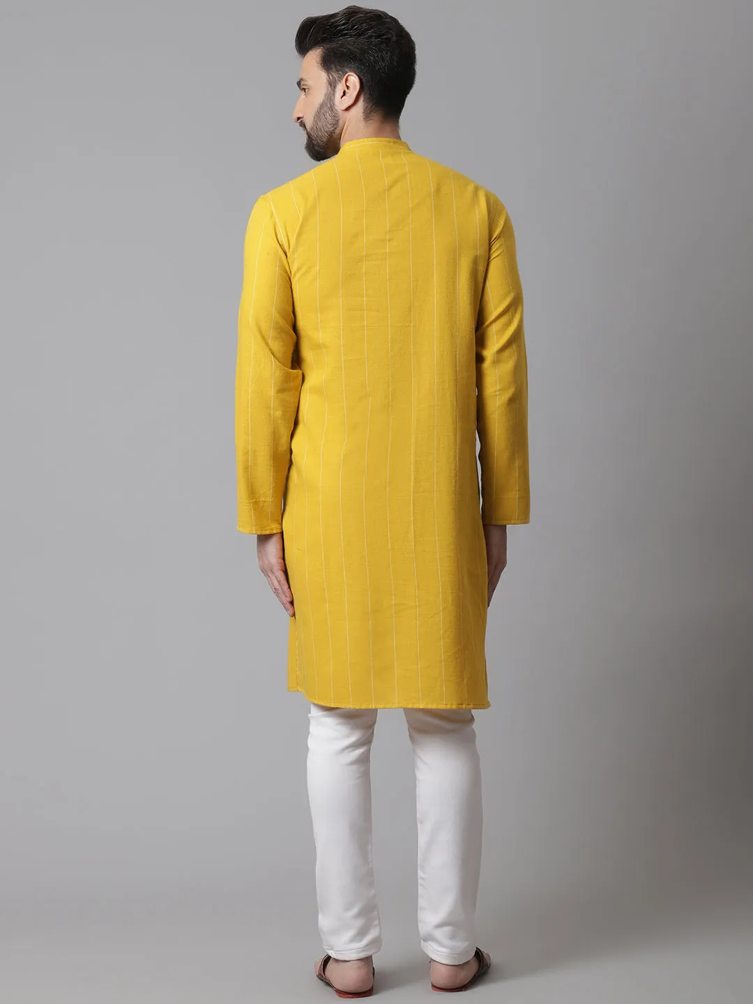Men's Yellow Pure Cotton Kurta With Band Collar - Even Apparels