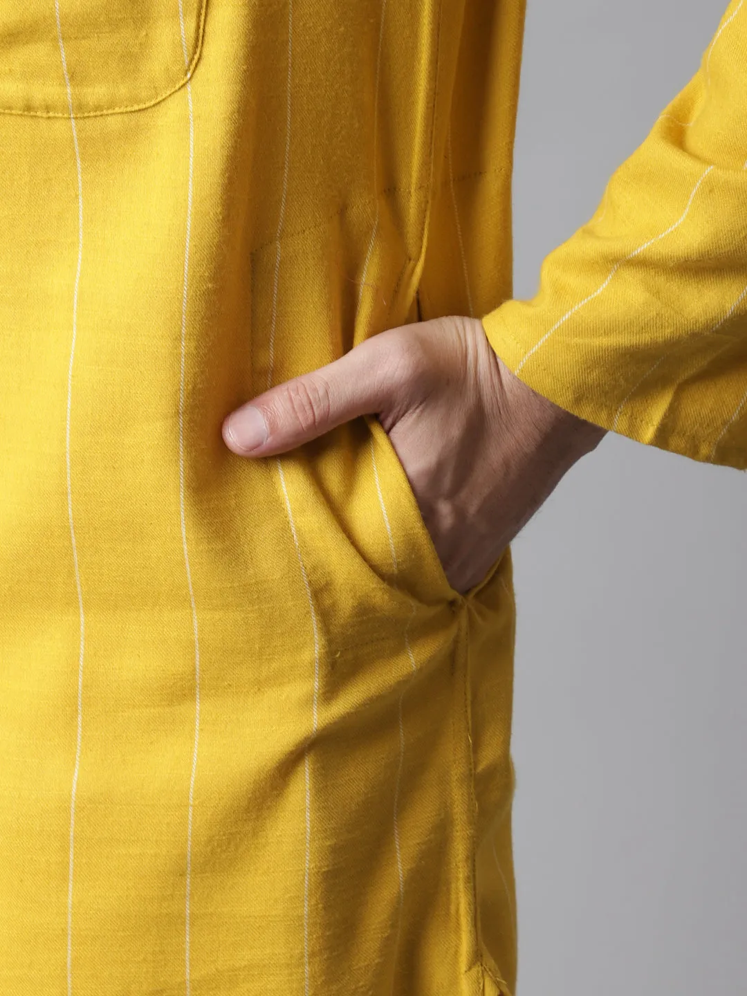 Men's Yellow Pure Cotton Kurta With Band Collar - Even Apparels