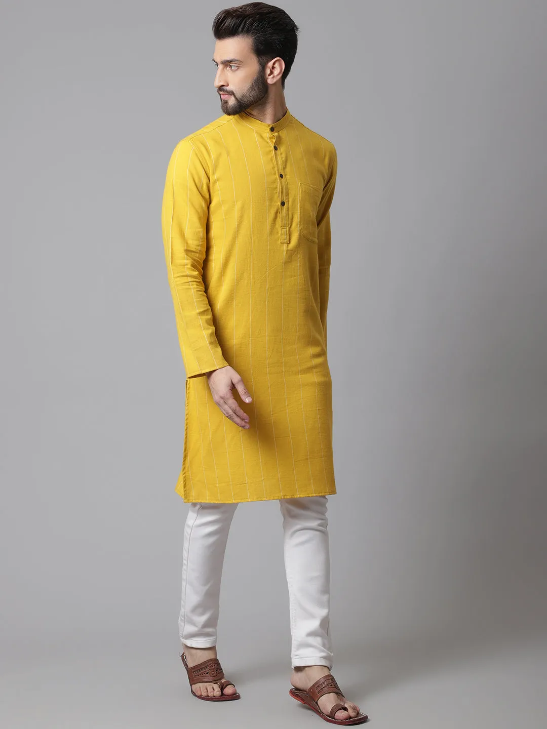 Men's Yellow Pure Cotton Kurta With Band Collar - Even Apparels