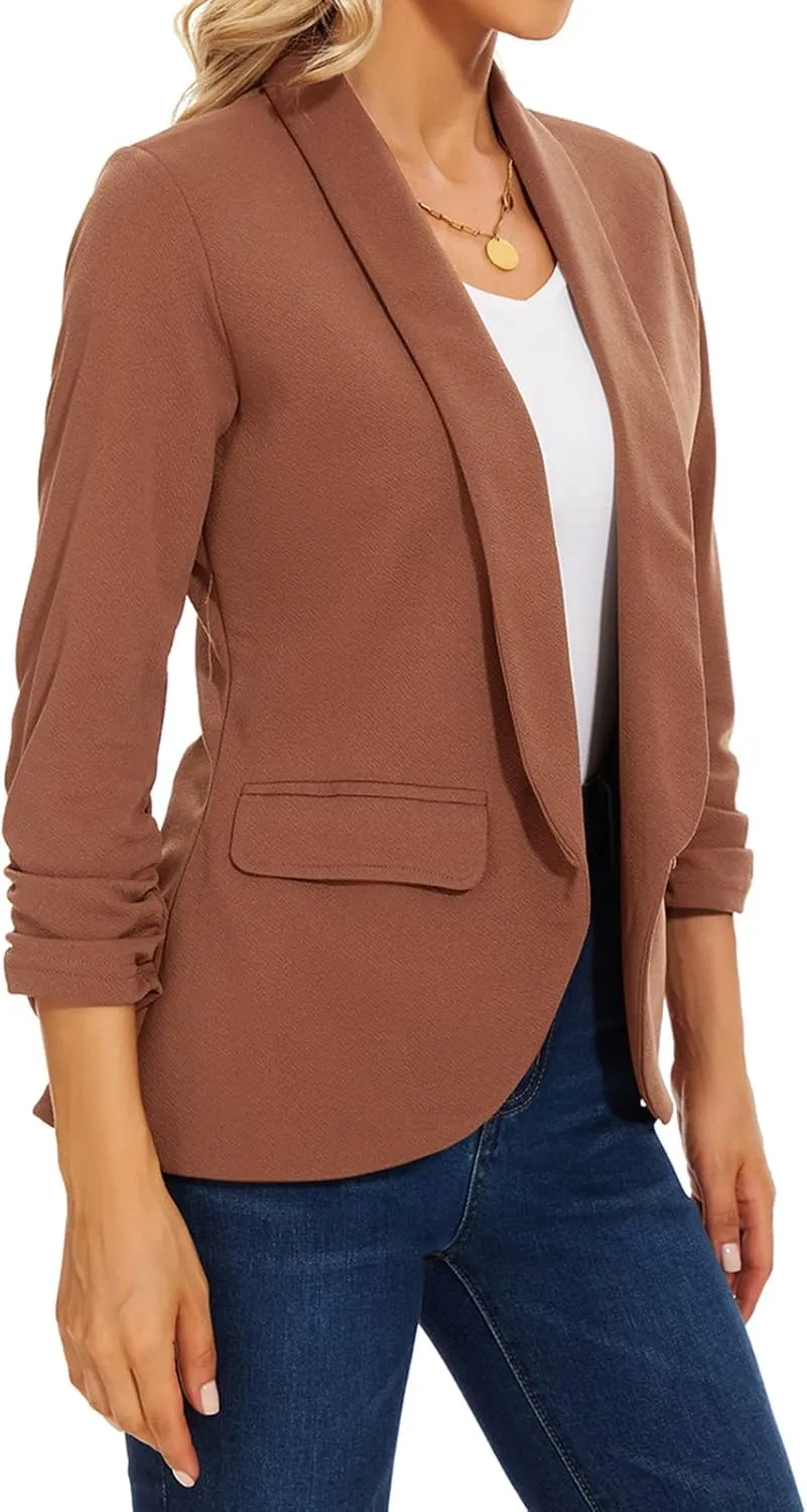 MINTLIMIT Womens Blazer 3/4 Ruched Sleeve Shawl Collar Business Work Blazers Open Front Casual Jackets with Pockets