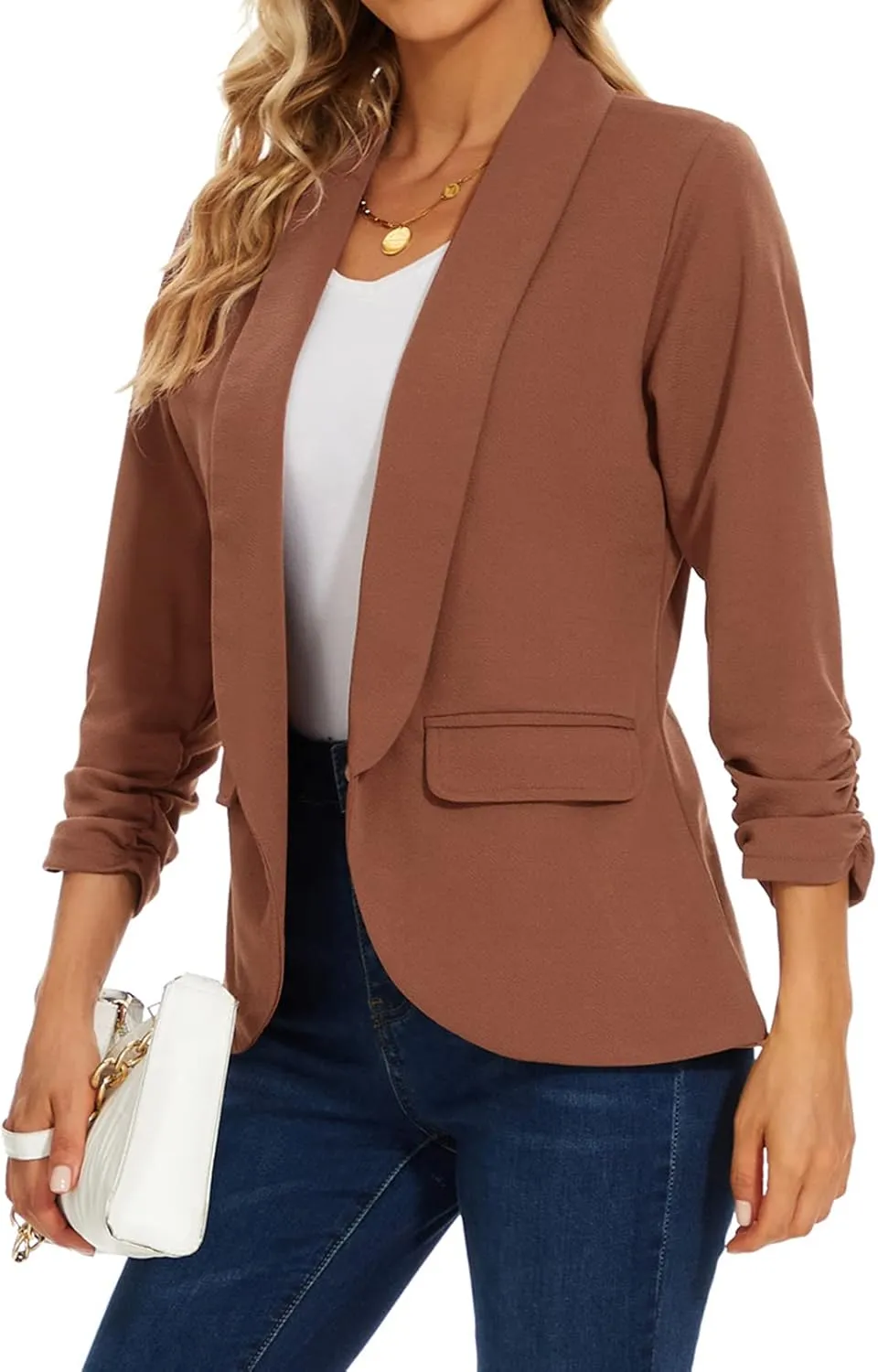 MINTLIMIT Womens Blazer 3/4 Ruched Sleeve Shawl Collar Business Work Blazers Open Front Casual Jackets with Pockets