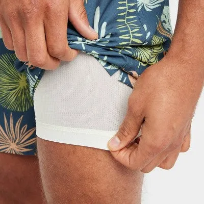New - Men's 7" Leaf Print Swim Shorts with Boxer Brief Liner - Goodfellow & Co Navy Blue XS