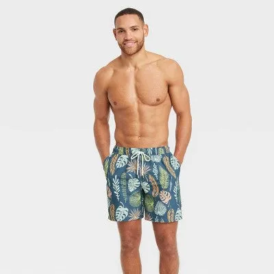 New - Men's 7" Leaf Print Swim Shorts with Boxer Brief Liner - Goodfellow & Co Navy Blue XS
