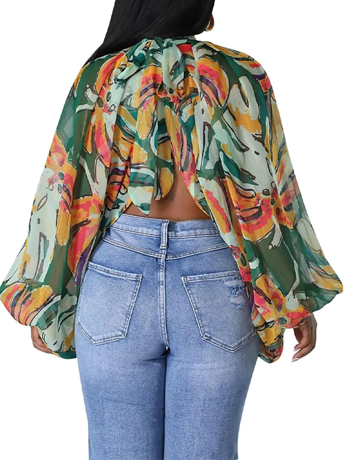 Ophestin Womens Print Sexy Open Back Sheer Chiffon Balloon Sleeve Shirt Blouse Tops Coverup